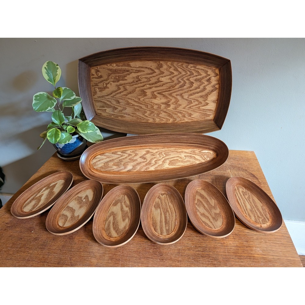 Vintage Bentwood Serving Set MCM Wood Trays and Plates 8 Piece Brown